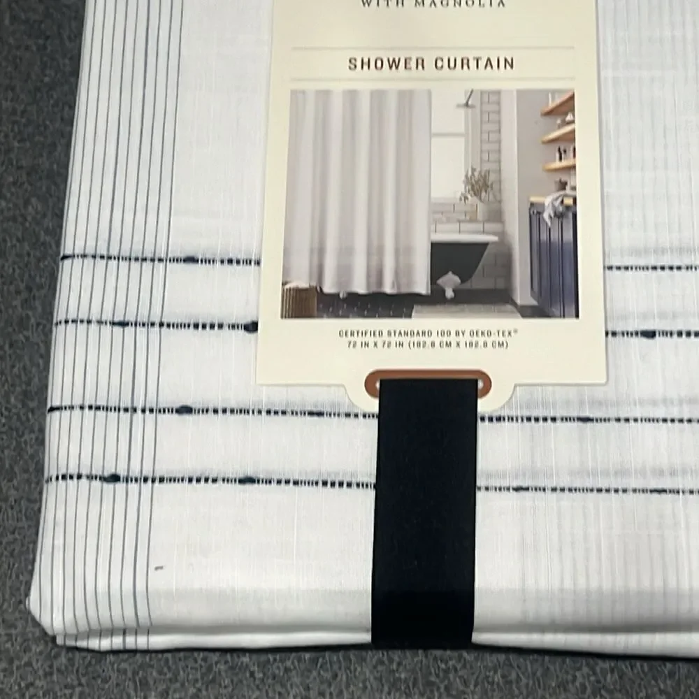 HEARTH & HAND NWT pinstripe border textured shower curtain -blue‎